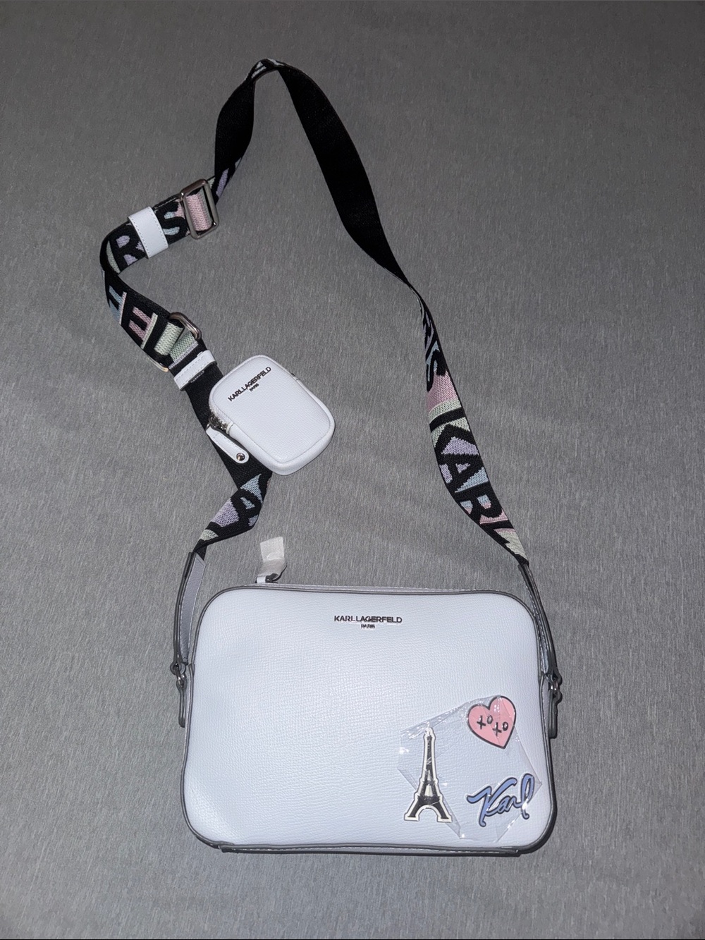Karl Lagerfeld White Crossbody Camera Bag with Pastel Strap
